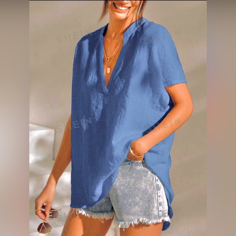 SHEIN Solid Blue Women’s Top Gauze Woven Notched V-Neck Batwing Sleeve Shirt Med